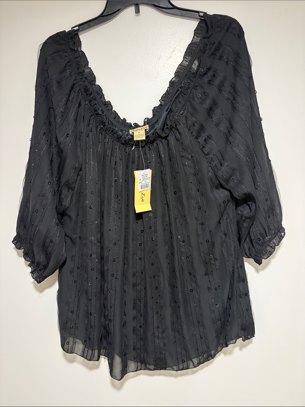 NWT- Design Loft Black Sheer Peasant Blouse